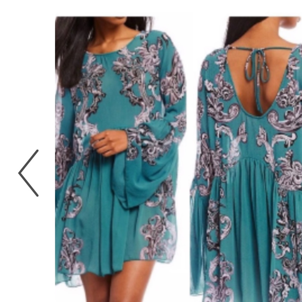 Free People Teal and Gray Floral Long Sleeve Symphony Tunic/Dress